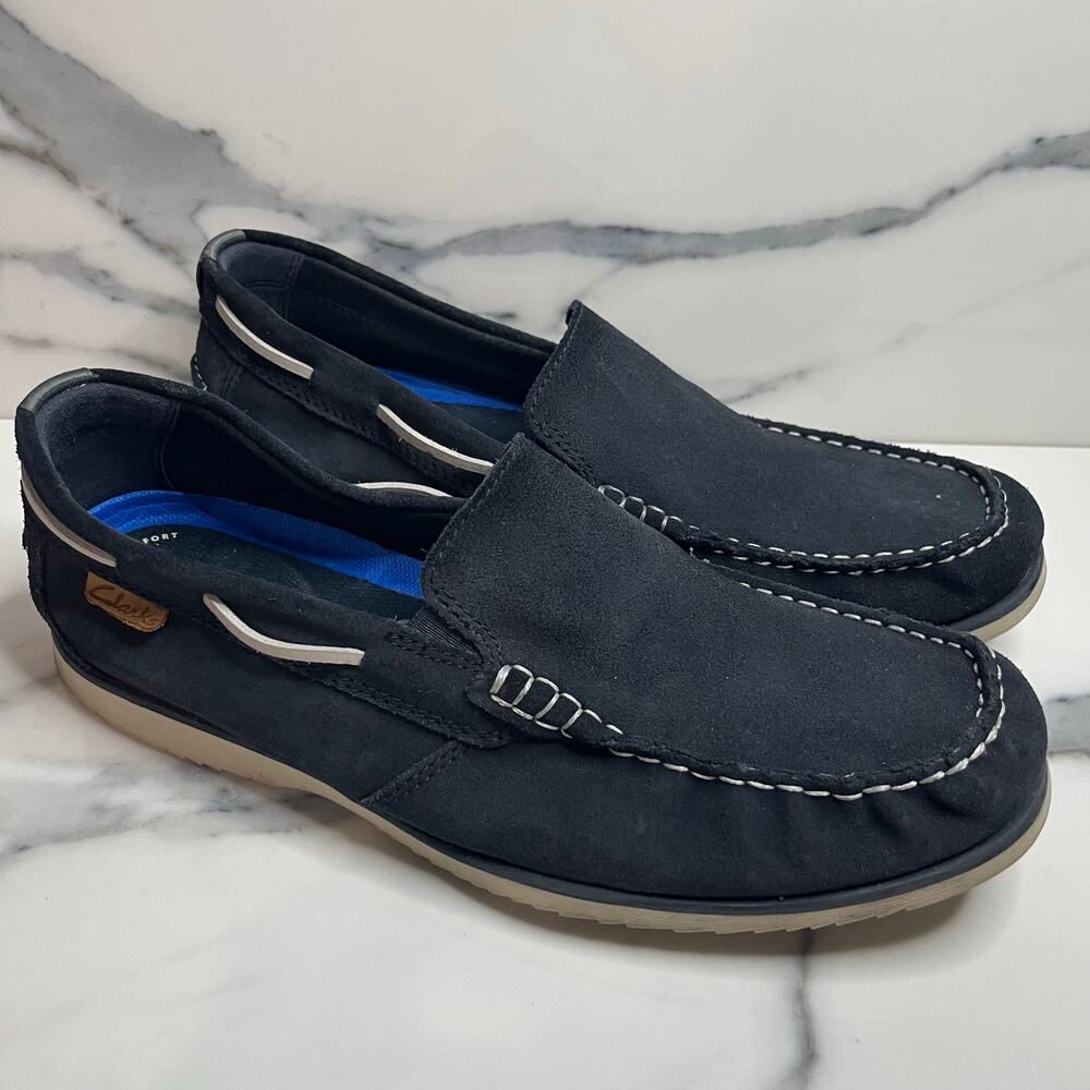 Clarks Noonan Cushioned Moccasins Loafers Slip-On Navy Suede Comfort Shoes 12 M